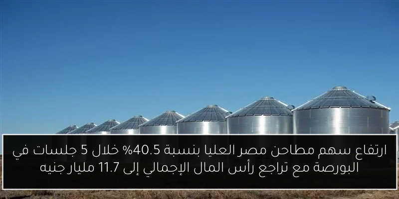 ارتفاع سهم مطاحن مصر العليا بنسبة 40.5% خلال 5 جلسات في البورصة مع تراجع رأس المال الإجمالي إلى 11.7 مليار جنيه