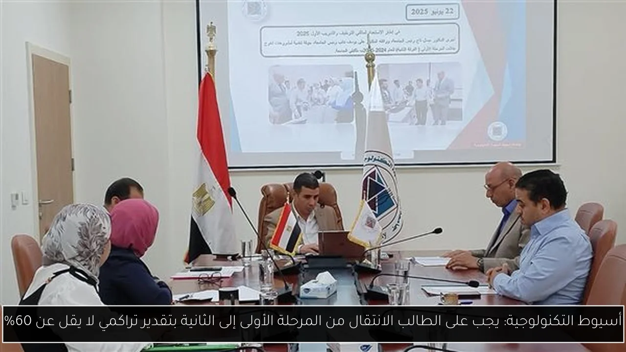أسيوط التكنولوجية: يجب على الطالب الانتقال من المرحلة الأولى إلى الثانية بتقدير تراكمي لا يقل عن 60٪