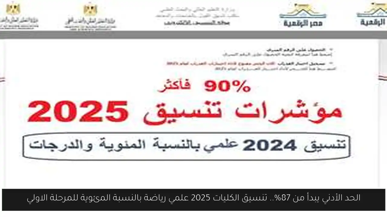 تنسيق الكليات 2025 علمي رياضة بالنسبة المئوية