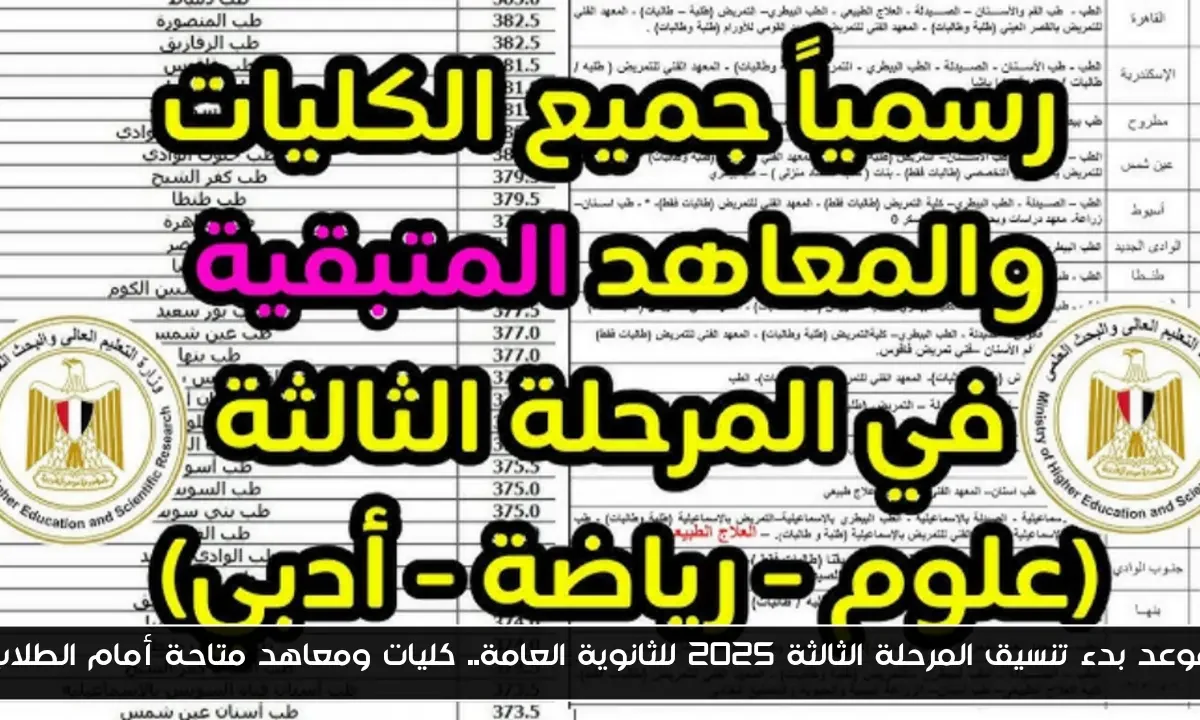 موعد بدء تنسيق المرحلة الثالثة 2025 للثانوية العامة.. كليات ومعاهد متاحة أمام الطلاب