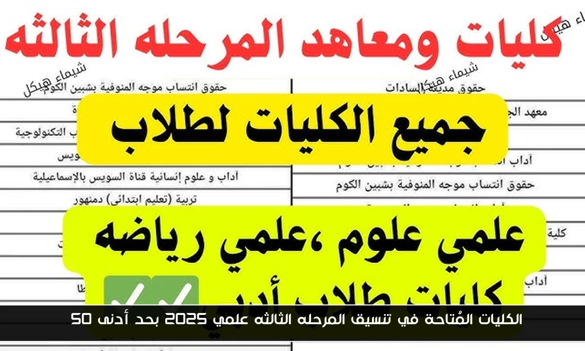 الكليات المُتاحة في تنسيق المرحله الثالثه علمي 2025 بحد أدنى 50%