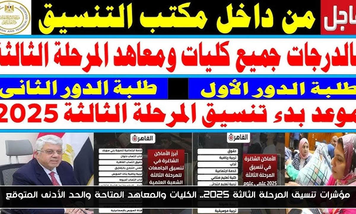 مؤشرات تنسيق المرحلة الثالثة 2025.. الكليات والمعاهد المتاحة والحد الأدنى المتوقع