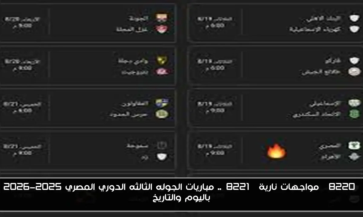 “مواجهات نارية”.. جدول مباريات الجوله الثالثه الدوري المصري 2025-2026 باليوم والتاريخ