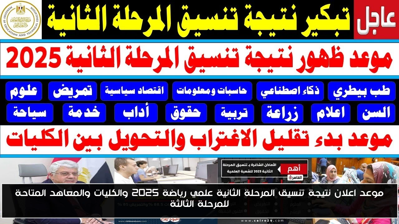 موعد اعلان نتيجة تنسيق المرحلة الثانية علمي رياضة 2025 والكليات والمعاهد المتاحة للمرحلة الثالثة